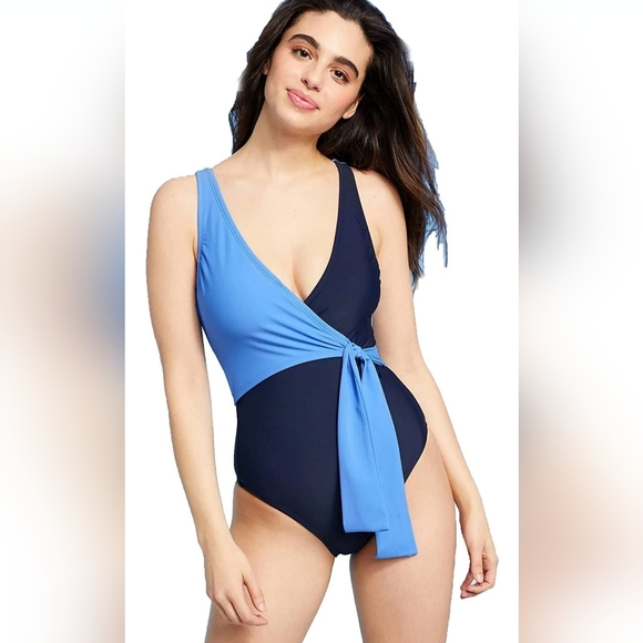 Kona Sol Women's Wrap Tie Colorblock Medium Coverage One Piece Swimsuit - Picture 7 of 7
